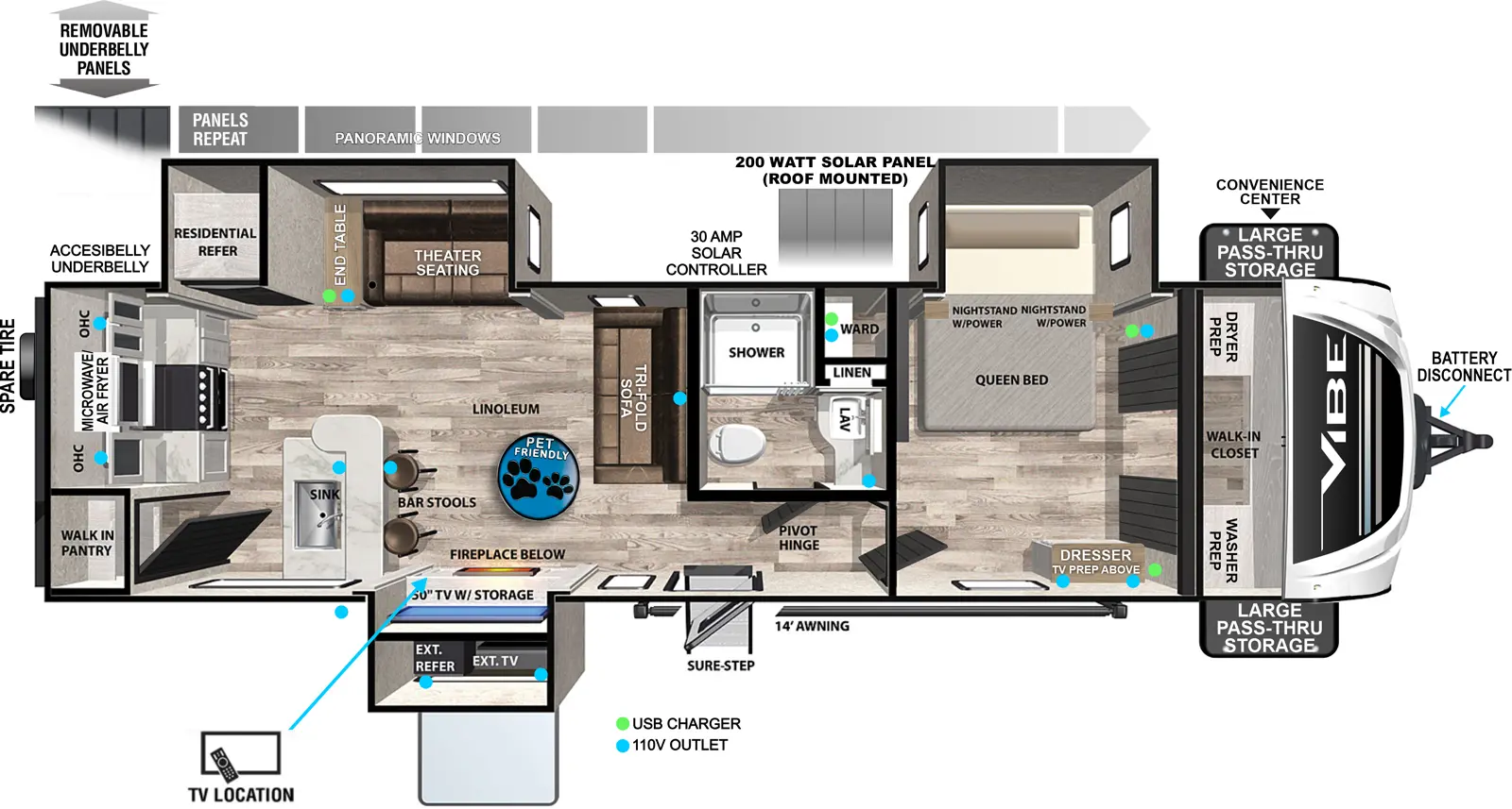 The 31ML has three slideouts and one entry. Exterior features battery disconnect, front pass-thru storage with convenience center, 30 amp solar controller, 14 foot awning, 200 watt roof-mounted solar panel, sure-step entry step, spare tire, exterior refrigerator and TV, and accesibelly removable underbelly panels. Interior layout front to back: walk-in closer with washer prep on door side and dryer prep on off-door side, off-door side queen bed slideout with nightstands and power on each side, off-door side wardrobe, and door side dresser with TV prep above; off-door side full bathroom with linen closet; door side entry, and slideout with TV with storage and fireplace below; tri-fold sofa along inner wall; off-door side slideout with theater seating, end table, refrigerator, and panoramic windows, door-side peninsula kitchen counter with bar top and stools, and kitchen sink; rear walk-in pantry, kitchen counter with overhead cabinets,  and microwave/air fryer. Pet friendly RV. Linoleum throughout.

foot-facing queen bed with underbed storage, nightstand with USB CPAP ready, and off-door side wardrobe; off-door side full bathroom with linen closet; hutch along inner wall; ]door side entry, and slideout with dinette, theater seating, and panoramic windows; kitchen island with sink and skylight; off-door side slideout with refrigerator, microwave/air fryer, overhead cabinet, pantry, and entertainment center with fireplace below; rear sleeper sofa with overhead cabinet. Pet fri